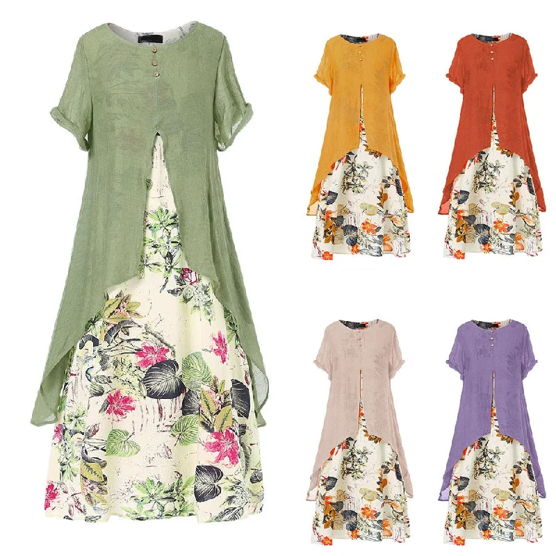 Yitonglian Women's Summer Chic Short Sleeve Fashion Boho Style Loose Maxi Dress Plus Size Floral Dresses S0250 Stylish A-Line Maxi Dress