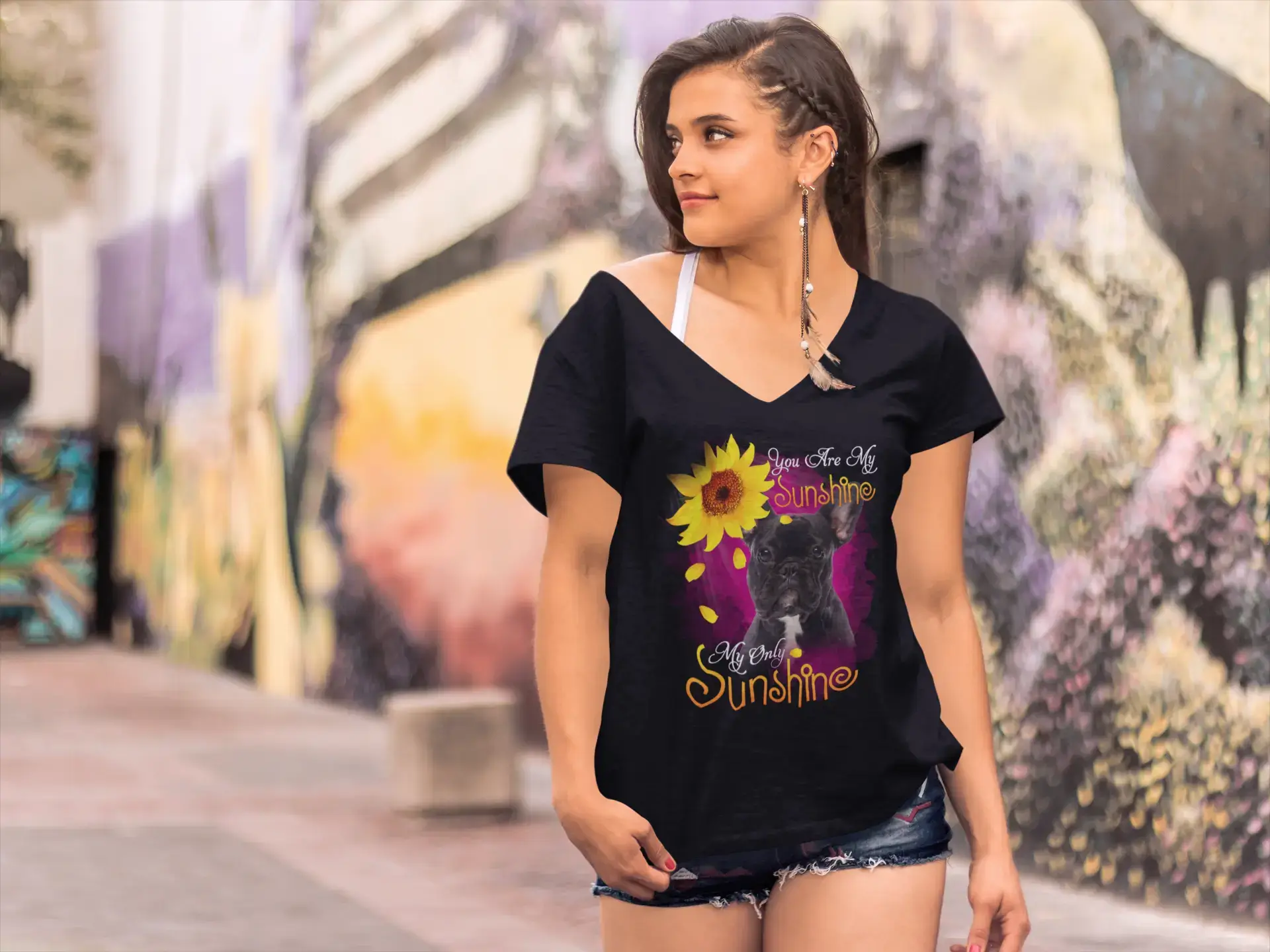 ULTRABASIC Women's V-Neck T-Shirt My Only Sunshine - French Bulldog Layered Multi-layer Single Layer ULTRABASIC Women's V-Neck T-Shirt My Only Sunshine - French Bulldog Layered Multi-layer Single Layer