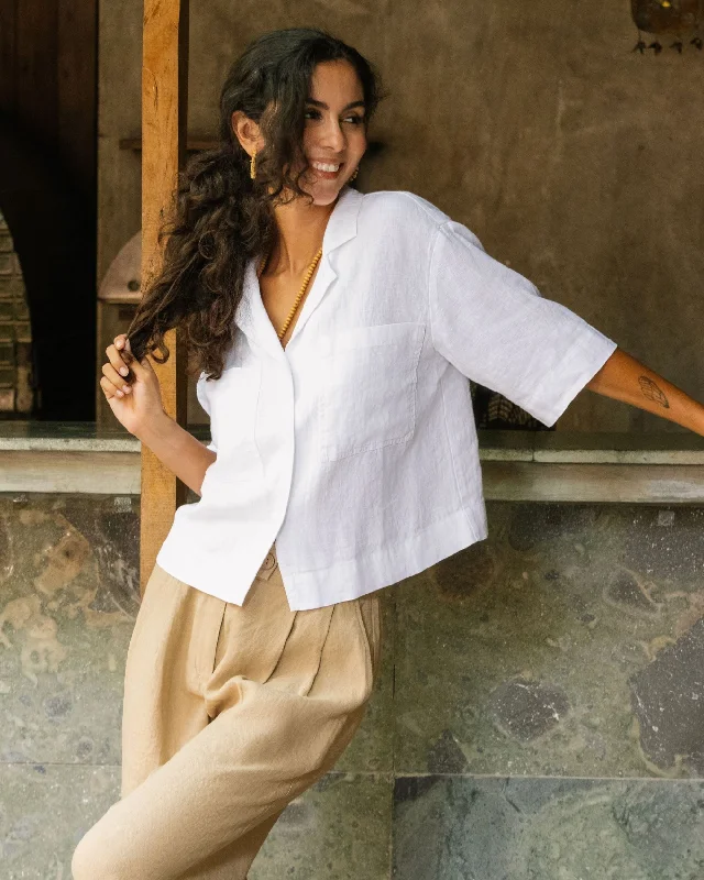 Linen camp shirt ORVIETO in White Asymmetrical Pockets Print