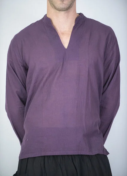Unisex Long Sleeve Cotton Yoga Shirt with Nehru Collar in Dark Purple Satin Blend Silk Blend Wool Blend Unisex Long Sleeve Cotton Yoga Shirt with Nehru Collar in Dark Purple Satin Blend Silk Blend Wool Blend