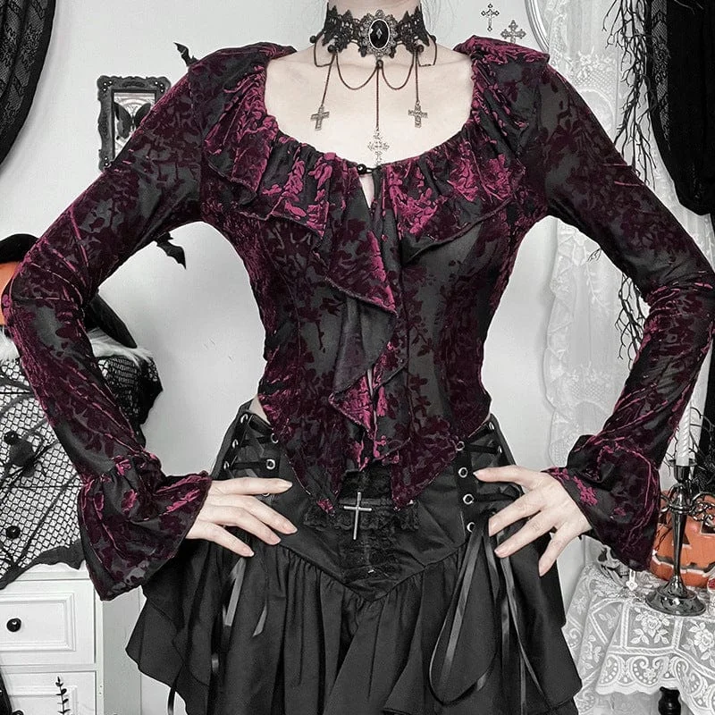 Women's Gothic Floral Mesh Long Sleeved Shirt Black Red Asymmetrical Pockets Print