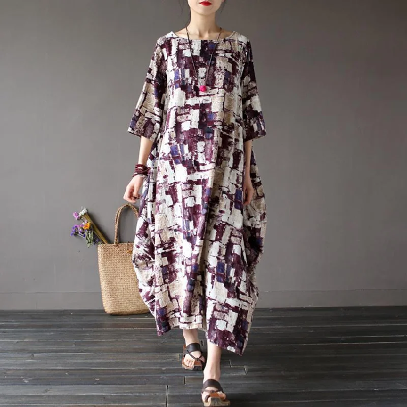 Art Inspired Cotton and Linen Maxi Dress Elegant Floral Maxi Dress