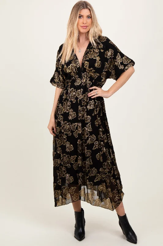 Black Metallic Floral Jacquard Overlay Maxi Dress Fashionable Layered Maxi Dress