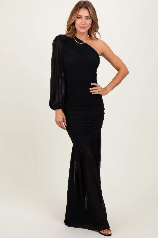 Black Ruched Mesh One Shoulder Asymmetric Maxi Dress Fashionable Sheer Maxi Dress