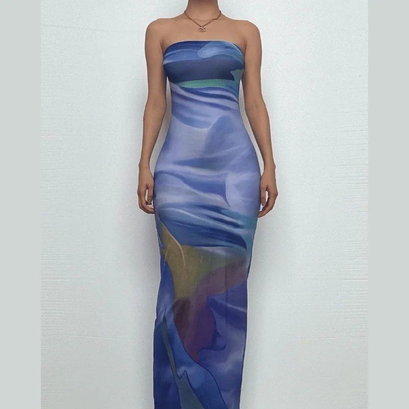 Contrast print backless sleeveless tube maxi dress Fashionable Printed Maxi Dress
