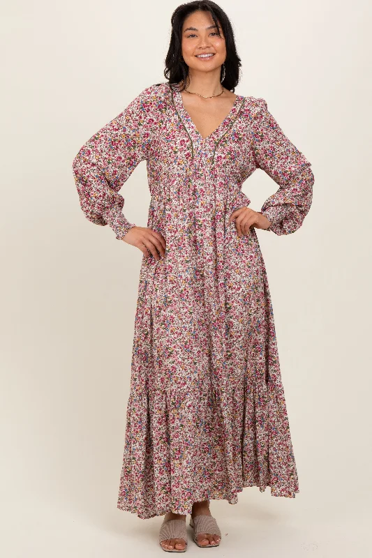 Cream Floral V-Neck Bubble Sleeve Maxi Dress Comfortable T-Shirt Maxi Dress