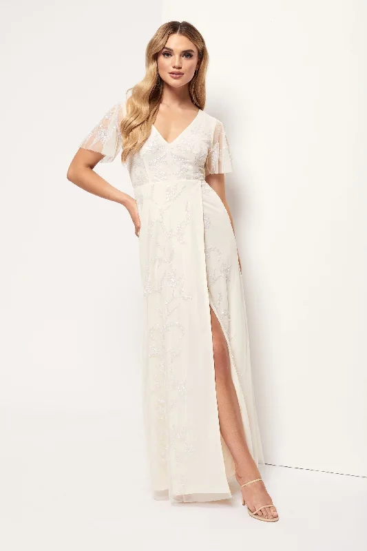 Cream Wrap Maxi Dress Comfortable Maxi Dress with Sleeves