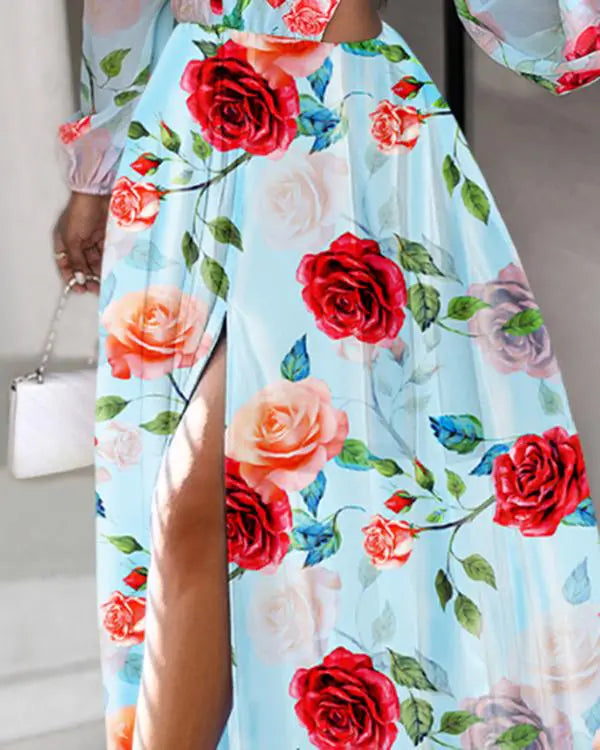 Floral Print Plunge Cutout Slit Maxi Dress Stylish Maxi Dress with Frills