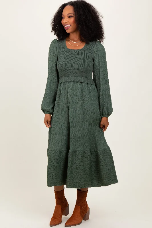 Forest Green Contrast Sweater Top Maxi Dress Elegant Lace-Up Maxi Dress