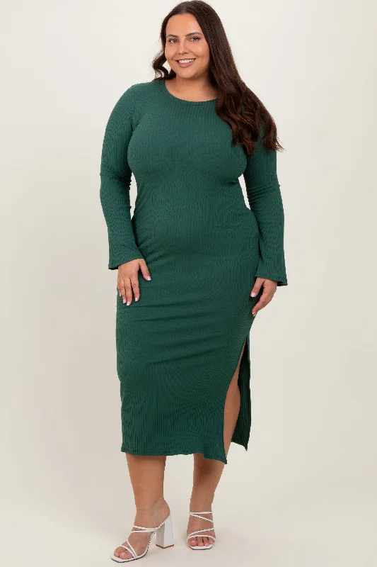 Forest Green Ribbed Side Slit Plus Maxi Dress Classic V-Neck Maxi Dress