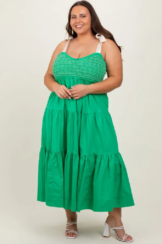 Green Ribbon Strap Tiered Plus Maxi Dress Classic Solid Maxi Dress