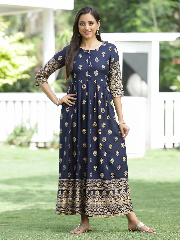 Jashvi Indigo Festive Ethnic Motif Printed Rayon Maxi Dress. Cozy Longline Maxi Dress