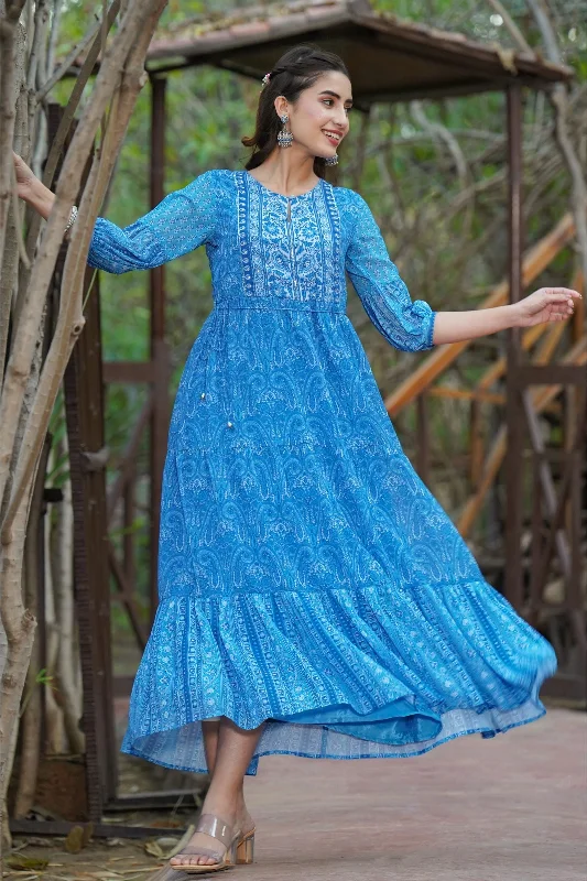 Jashvi Blue Paisley Printed Georgette Tiered Maxi Dress. Fashionable Halter Neck Maxi Dress