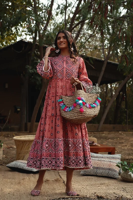 Jashvi Peach Geometric Printed Pure Cotton Tiered Maxi Dress. Fashionable Printed Maxi Dress Jashvi Peach Geometric Printed Pure Cotton Tiered Maxi Dress. Fashionable Printed Maxi Dress