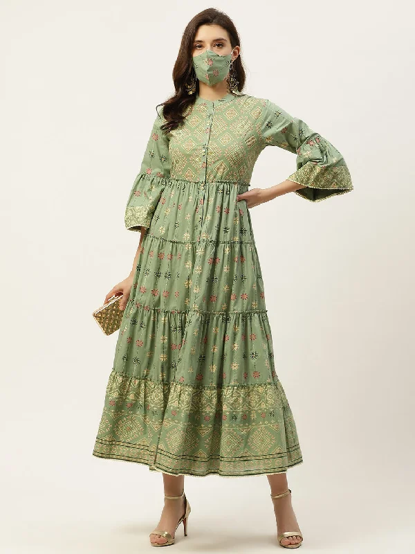 Jashvi Pista Green Geometric Printed Pure Cotton Tiered Maxi Dress. Cozy Knit Maxi Dress