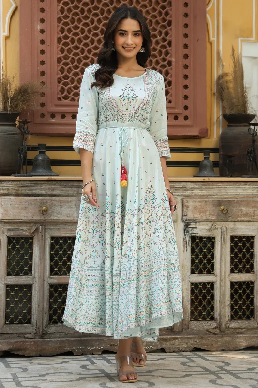Jashvi Sky Blue Ethnic Motif Printed Shantoon Flared Maxi dress With Beads & Sequins Work Classic Strapless Maxi Dress