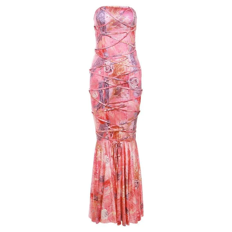 Lace up flower print contrast backless tube maxi dress Stylish V-Neck Maxi Dress