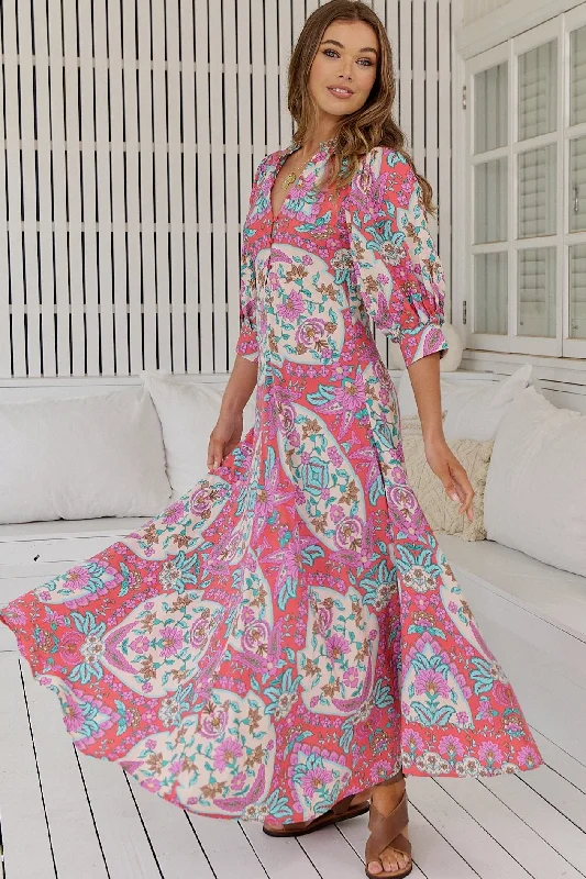 Lara Maxi Dress - Pink/Blue Cozy Maxi Dress with Slit