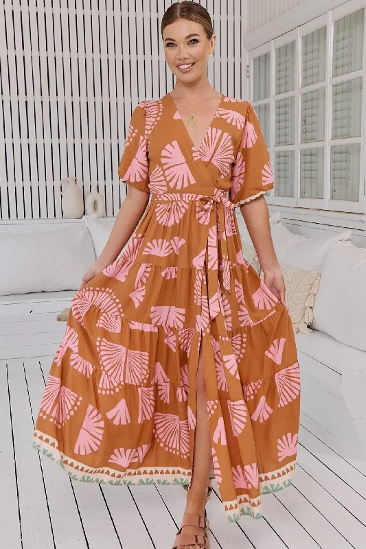 Luna Wrap Maxi Dress - Caramel/Pink Elegant Maxi Dress with Belt
