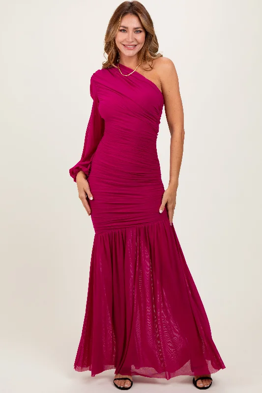 Magenta Ruched Mesh One Shoulder Asymmetric Maxi Dress Comfortable Ruffle Hem Maxi Dress