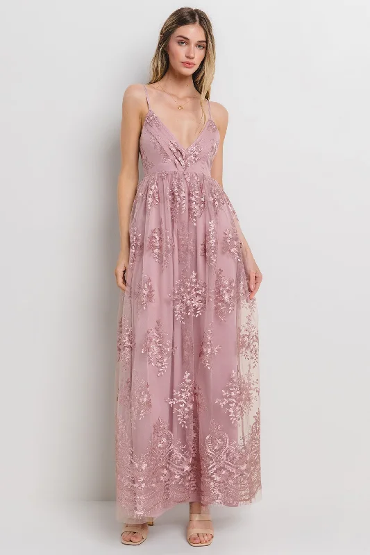 Mauve Floral Lace Overlay Maxi Dress Cozy Ribbed Maxi Dress