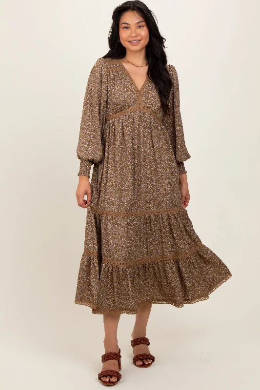 Mocha Floral Lace Trim Bubble Sleeve Maxi Dress Comfortable Maxi Dress with Sleeves