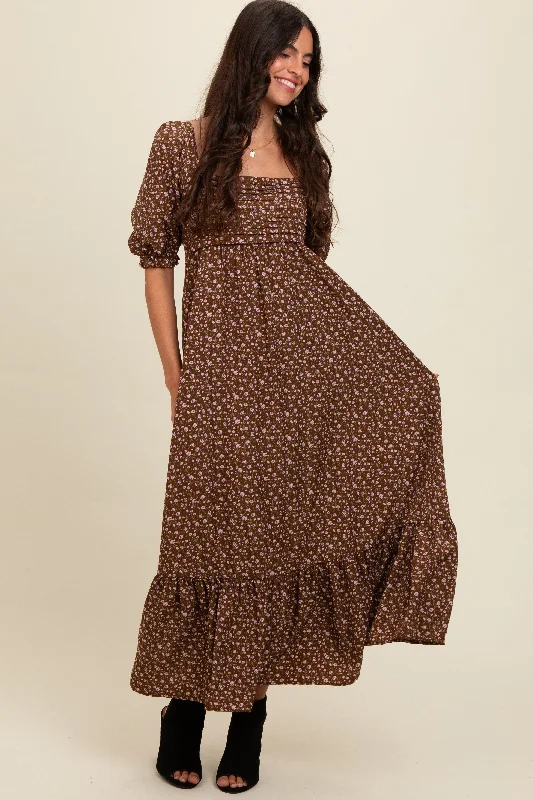 Mocha Floral Pleated Bodice Maxi Dress Comfortable Long-Sleeve Maxi Dress