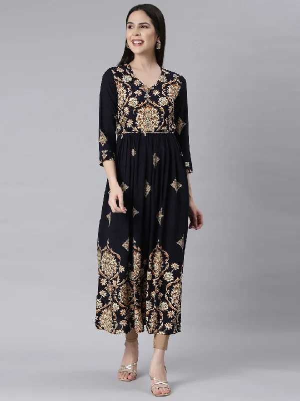Neerus Navy Blue Curved Casual Floral Maxi Dresses Fashionable Chiffon Maxi Dress