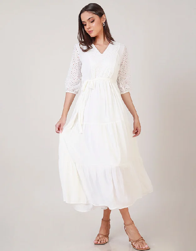 Off White Tiered Maxi Dress with V-Neck Stylish Empire Waist Maxi Dress