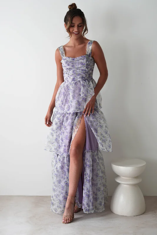 Olivie Floral Maxi Dress | Lavendar Stylish Off-Shoulder Maxi Dress