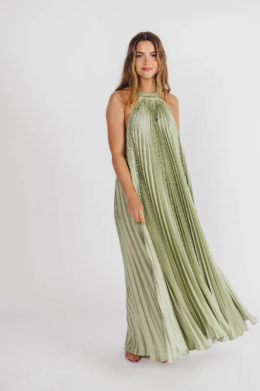 Maren Pleated Halter Maxi Dress in Sage - Bump Friendly (S-XL) Almost Sold Out! Comfortable Ruffle Maxi Dress