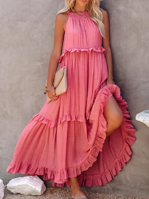Ruffled Sleeveless Maxi Dress with Pockets Elegant Silk Maxi Dress