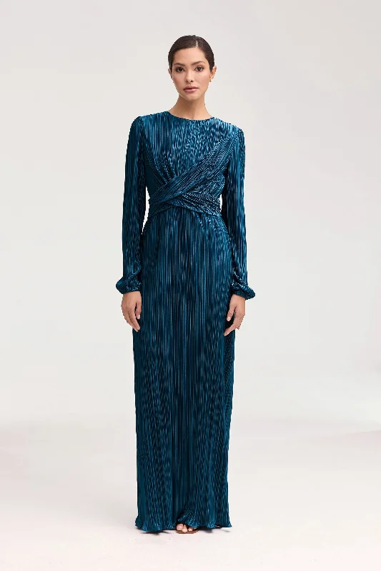 Samara Satin Plisse Wrap Waist Maxi Dress - Lapis Blue Classic Strapless Maxi Dress