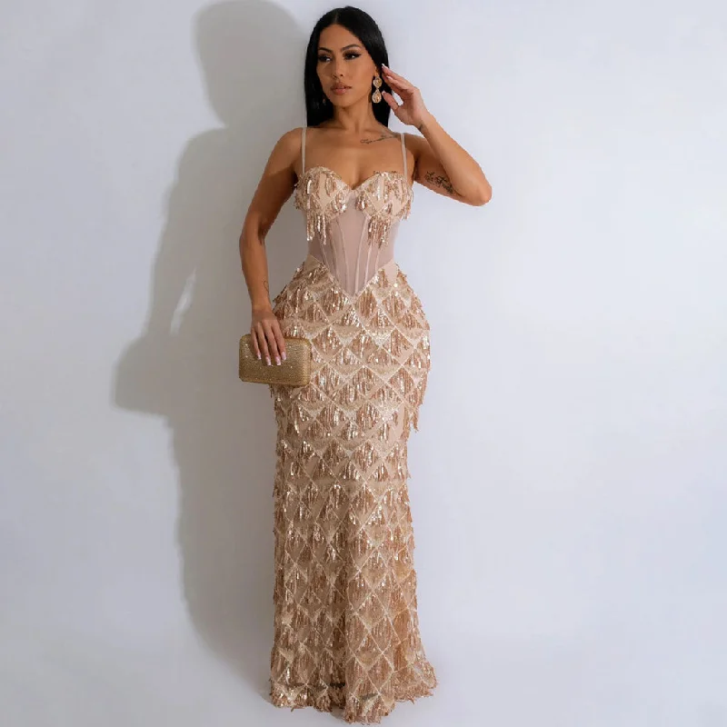 Sexy Bustier Sheer Mesh Panel Drop Waist Fringe Sequin Slip Maxi Dress Trendy Ruffled Maxi Dress Sexy Bustier Sheer Mesh Panel Drop Waist Fringe Sequin Slip Maxi Dress Trendy Ruffled Maxi Dress