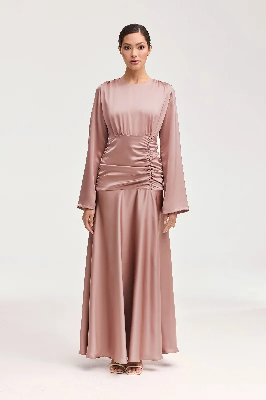 Shams Satin Side Rouched Maxi Dress - Dusty Rose Trendy Maxi Dress with Bow