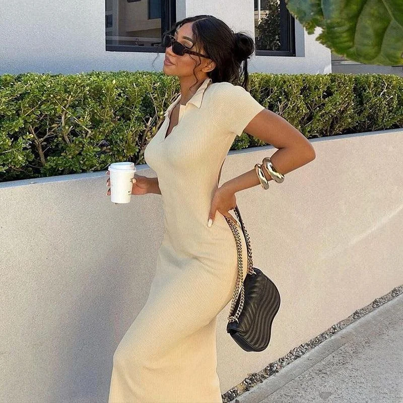 Short Sleeve Backless Collared Maxi Dress Comfortable Ruffle Maxi Dress