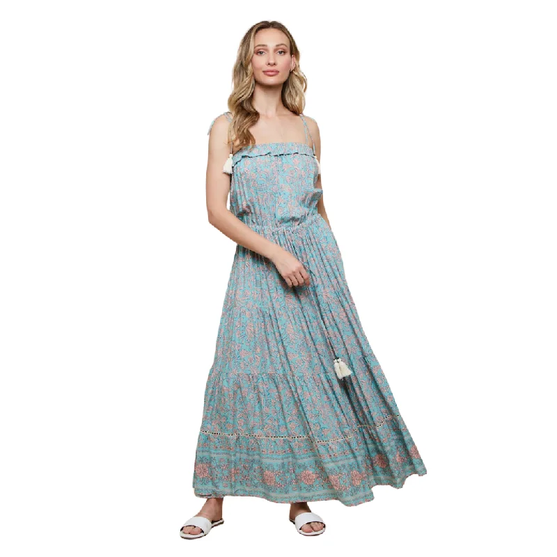 Blue Floral Printed Maxi Dress With Tassel Elegant Maxi Dress with Belt