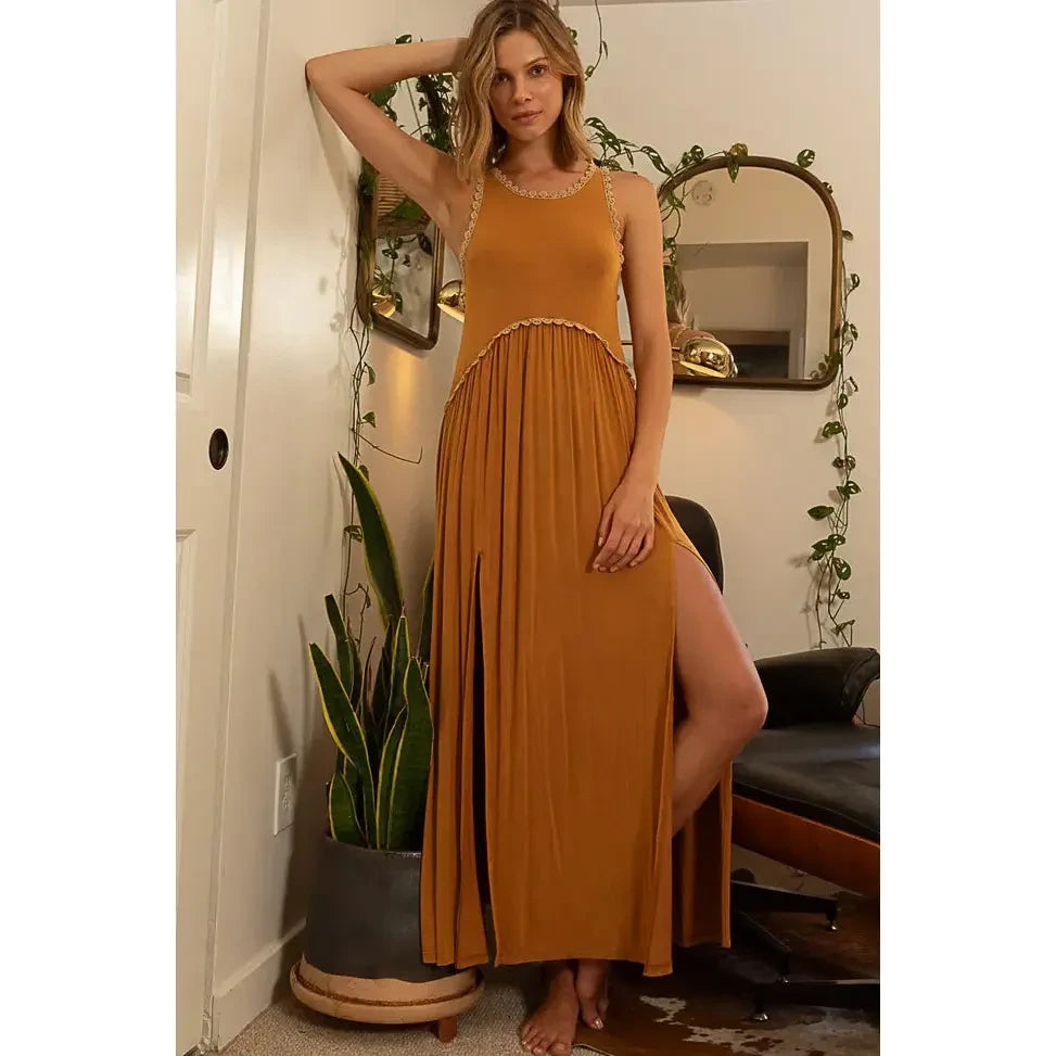 Sleeveless Racerback Back Zipper Front Slit Knit Maxi Dress, Toffee Elegant Lace-Up Maxi Dress Sleeveless Racerback Back Zipper Front Slit Knit Maxi Dress, Toffee Elegant Lace-Up Maxi Dress