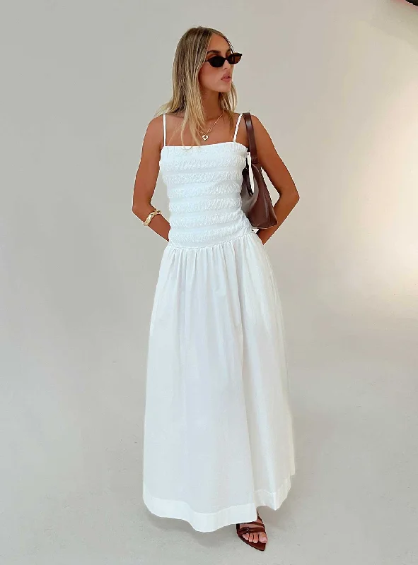 Sweetgum Shirred Maxi Dress White Chic Summer Floral Maxi Dress