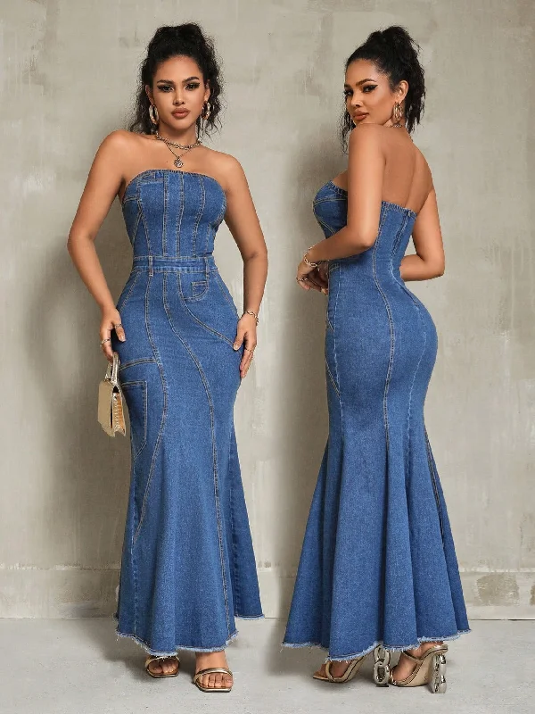 Elegant Denim Strapless Mermaid Hem Maxi Dress Elegant Sleeveless Maxi Dress