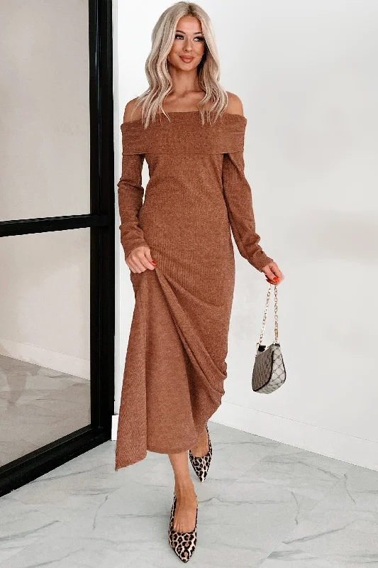 Tanya Off The Shoulder Sweater Maxi Dress (Brown) Stylish Maxi Dress with Pleats