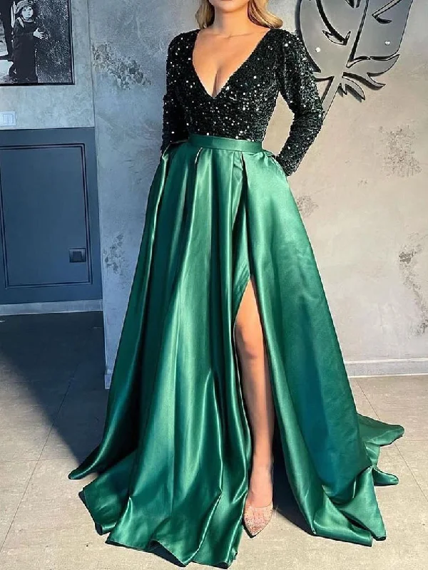 V Neck Sparkle Long Sleeve Slit Maxi Dress Chic Off-Shoulder Maxi Dress