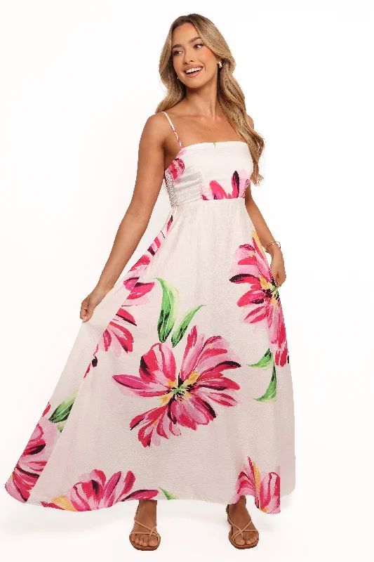 Verity Maxi Dress - Pink Floral Cozy Maxi Dress with Slit