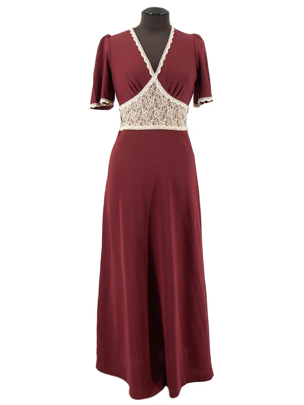 Vintage 1970s Lace Trimmed Maroon Maxi Dress Elegant Maxi Dress with Drapes
