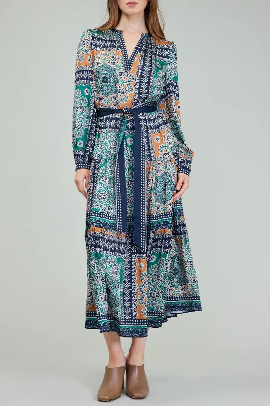 The Belted Maxi Dress in Green Multi Fashionable Faux Wrap Maxi Dress