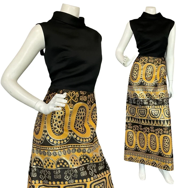 VTG 60S 70S AZTEC HIPPY BLACK GOLD YELLOW METALLIC SLEEVELESS MAXI DRESS 14 Classic V-Neck Maxi Dress VTG 60S 70S AZTEC HIPPY BLACK GOLD YELLOW METALLIC SLEEVELESS MAXI DRESS 14 Classic V-Neck Maxi Dress