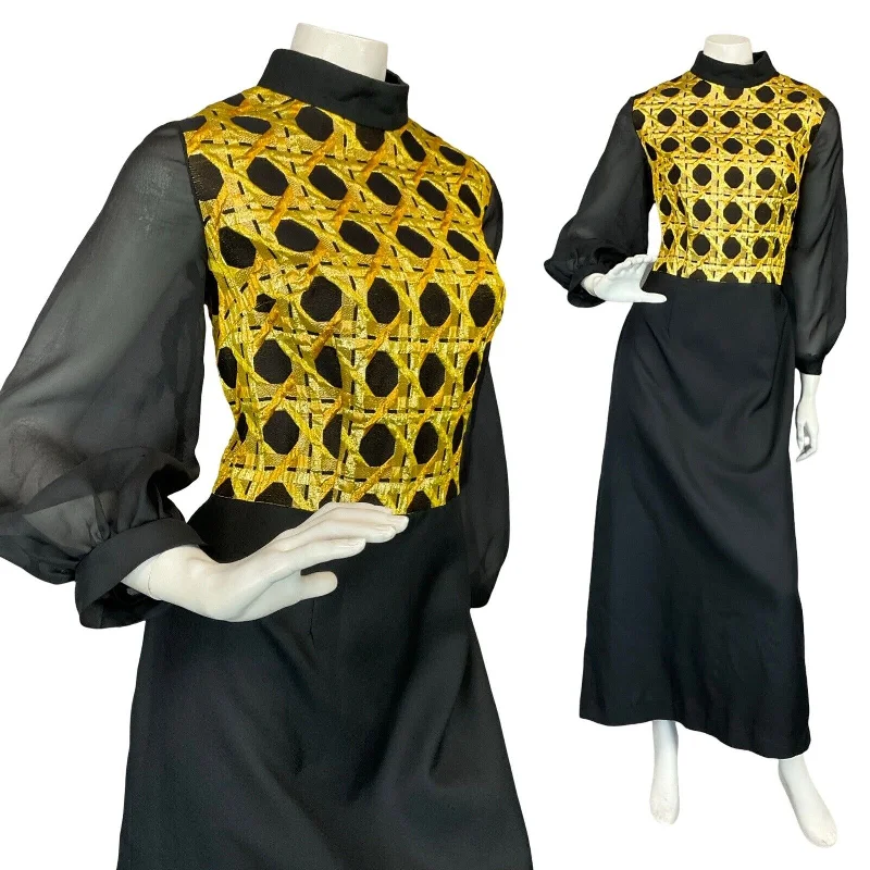 VTG 60S 70S BLACK GOLD MESH BALLOON SLEEVE GEOMETRIC PARTY EVENING MAXI DRESS 14 Cozy Cold-Shoulder Maxi Dress VTG 60S 70S BLACK GOLD MESH BALLOON SLEEVE GEOMETRIC PARTY EVENING MAXI DRESS 14 Cozy Cold-Shoulder Maxi Dress