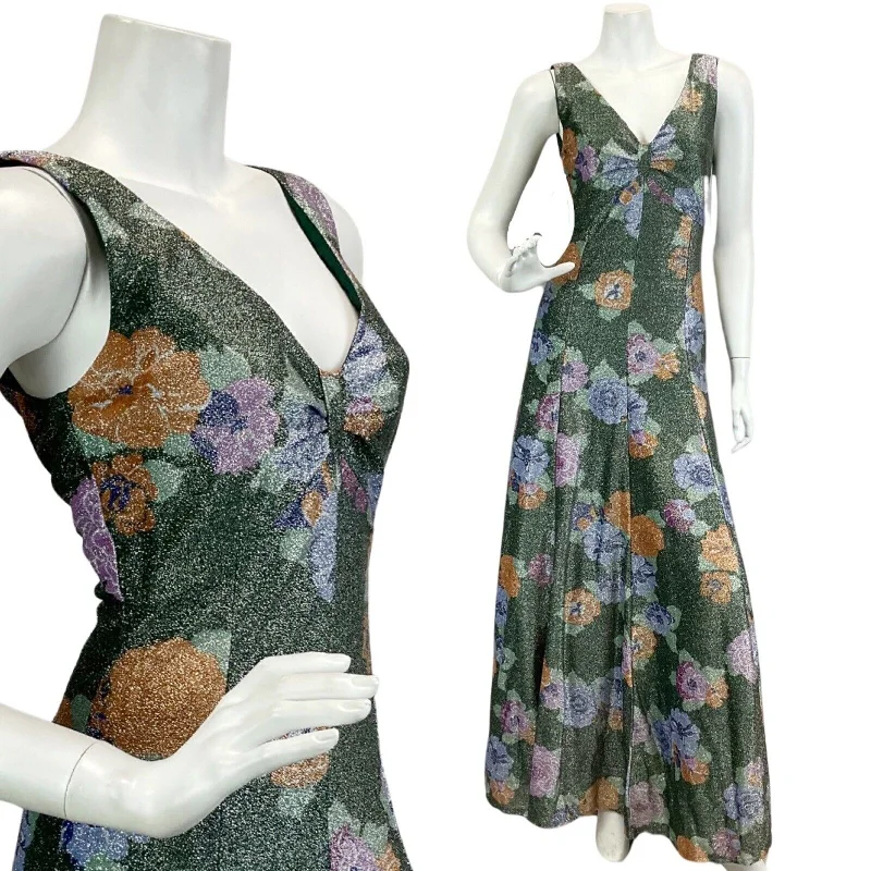 VTG 60s 70s FORREST GREEN ORANGE LILAC FLORAL PARTY DISCO LUREX MAXI DRESS 10 12 Elegant Velvet Maxi Dress VTG 60s 70s FORREST GREEN ORANGE LILAC FLORAL PARTY DISCO LUREX MAXI DRESS 10 12 Elegant Velvet Maxi Dress