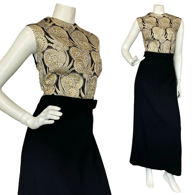 VTG 60S BLACK GOLD SILVER PSYCHEDELIC BOW EMPIRE PARTY MAXI DRESS 14 16 Cozy Wrap Maxi Dress VTG 60S BLACK GOLD SILVER PSYCHEDELIC BOW EMPIRE PARTY MAXI DRESS 14 16 Cozy Wrap Maxi Dress