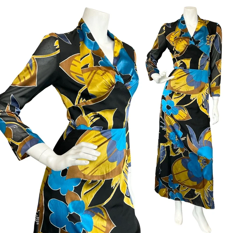 VTG 70S BLACK BLUE YELLOW FLORAL PLUNGING 3/4 SLEEVE EVENNG PARTY MAXI DRESS 4 Cozy Spaghetti Strap Maxi Dress